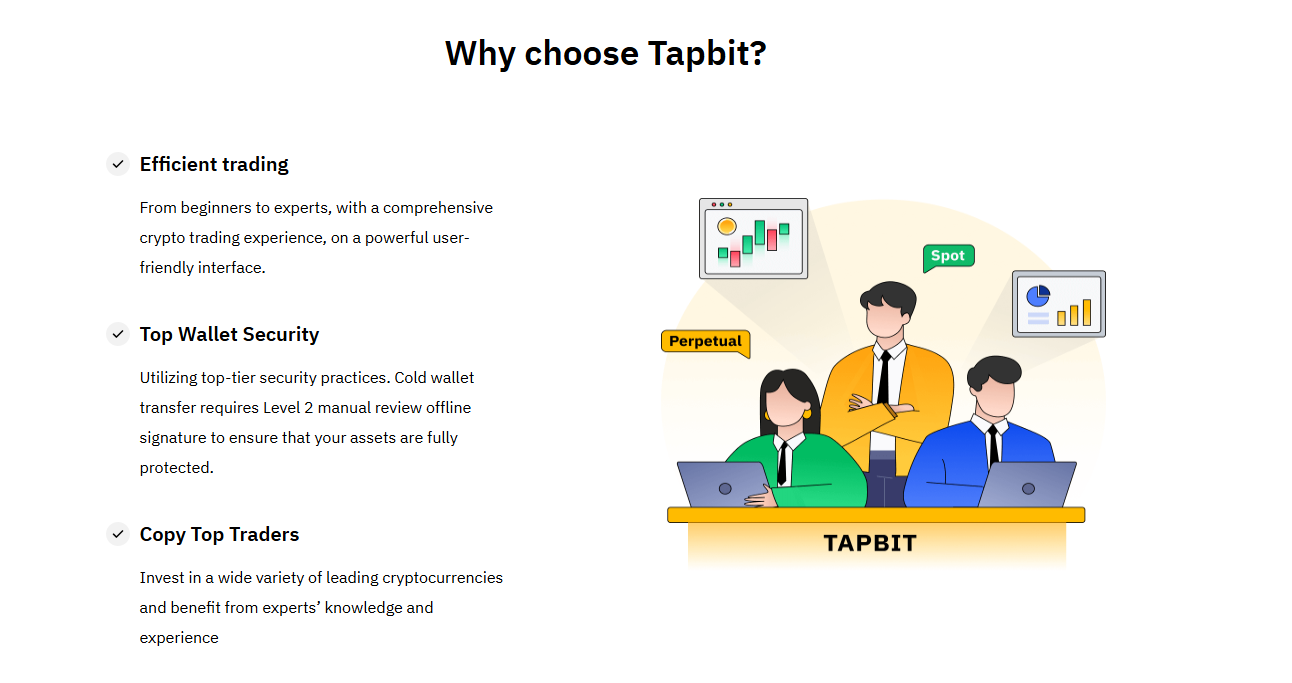 A screenshot of the Tapbit copy trading interface showing a list of master traders with their ROI, PnL, and number of followers.